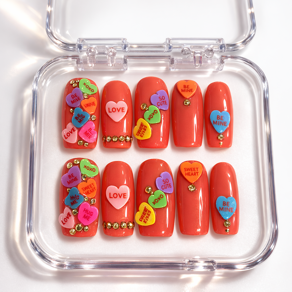 Candy Heart Crush Hand Painted Press On Nails