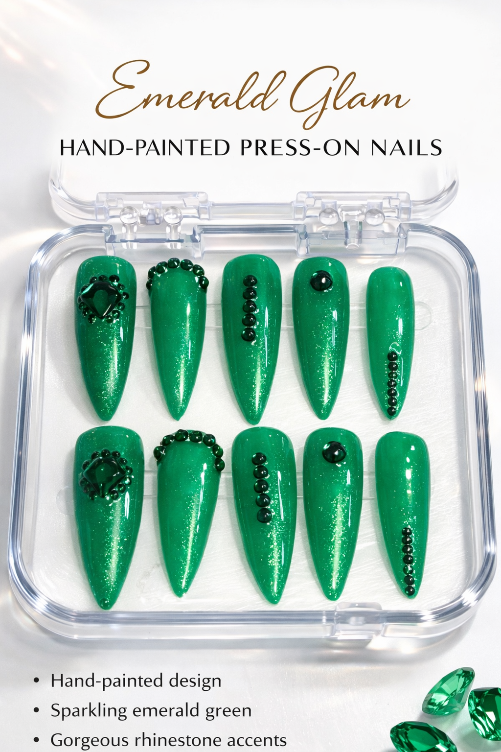Emerald Luxe Hand Painted Press On Nails